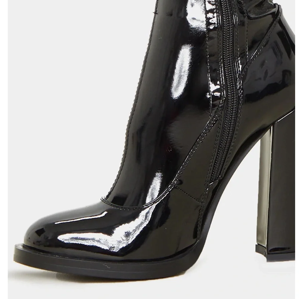 Black Knee High Block Heel Sock Boot - Picture 3 of 15